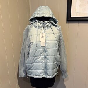 B26 Mono B Women Large Light Blue Puffer Cable Knit Hoodie Jacket Outdoor